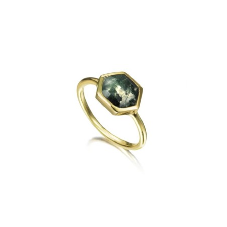 Anillo con Ágata Musgo hexagonal en baño de oro 18k