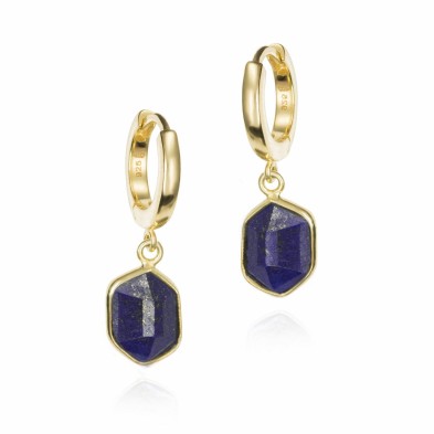 Pendiente de aro con lapislázuli hexagonal de plata con baño de oro 18k
